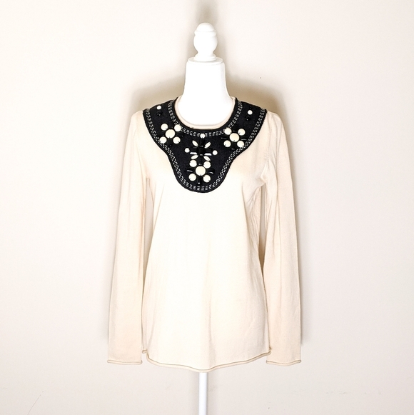 Tory Burch EMBELLISHED Long Sleeve Sweater 100% Merino Wool - Picture 1 of 8